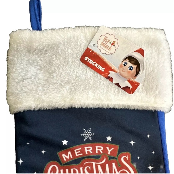 Elf On The Shelf Merry Christmas Stocking White Plush Cuff Blue Back - Picture 3 of 6